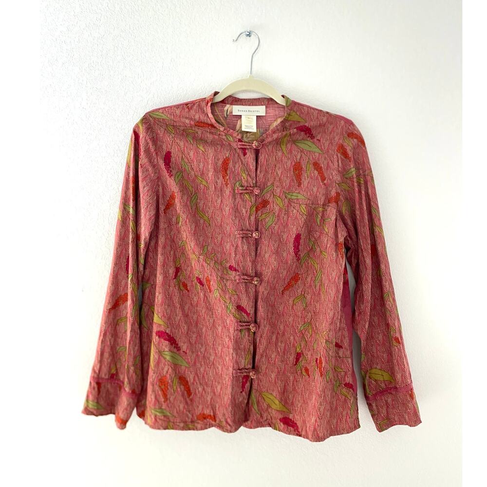 Susan Bristol 100% Silk Floral Top Pink Asian-Inspired Frog Closure Beaded